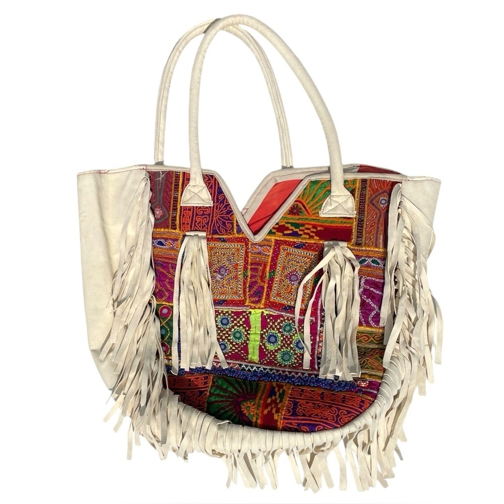 Boho fringe embroidered tote bag western festival hippie purse colorful artsy